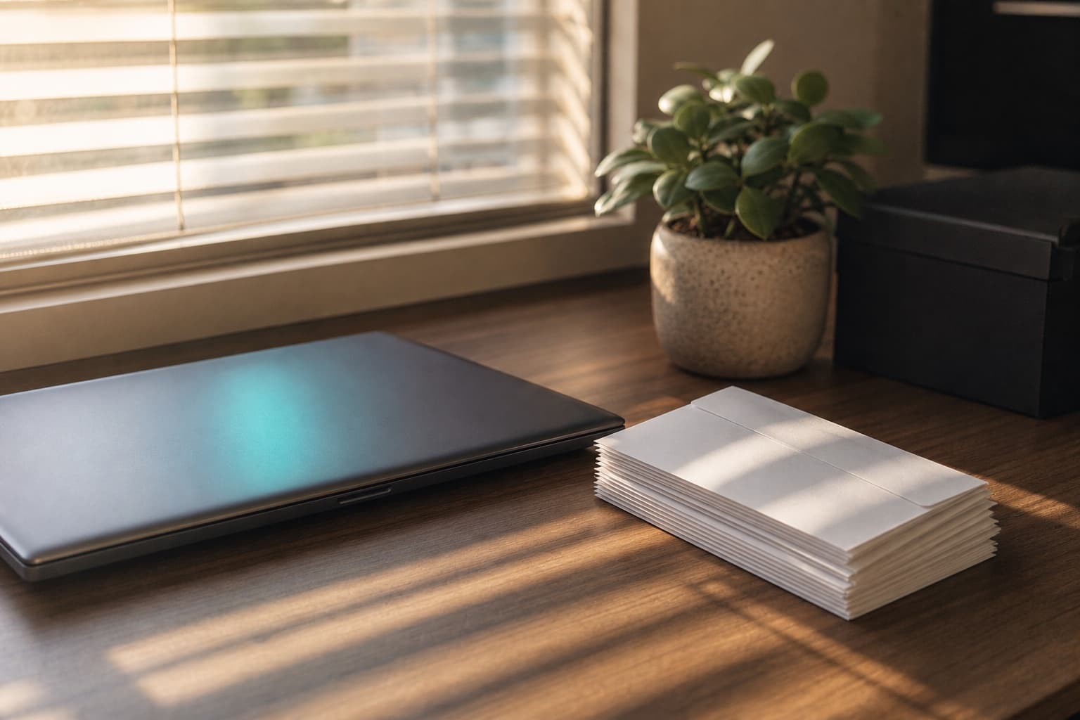 A tidy desk in early morning light: closed laptop, a neat stack of pay envelopes, a small plant