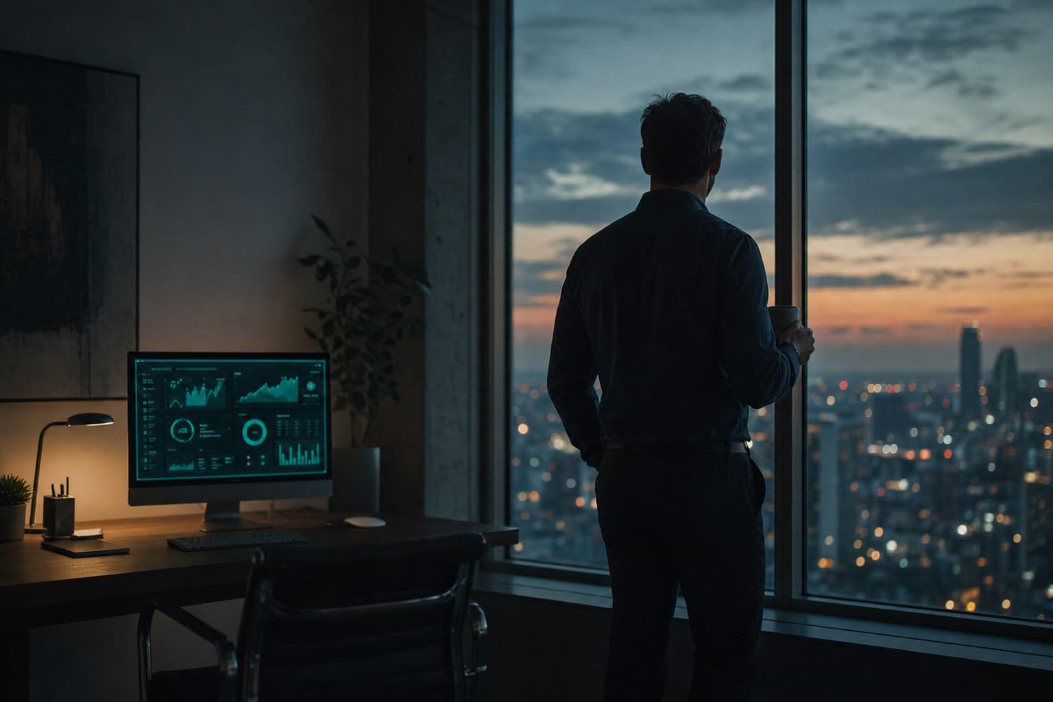 An owner standing calmly at an office window at dusk, a dark dashboard glowing on the desk behind them