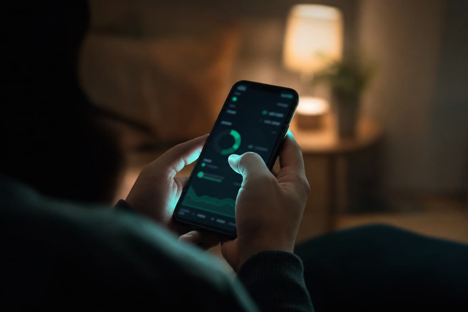 Hands holding a phone in a dim room, a dark app with green status accents glowing on the screen