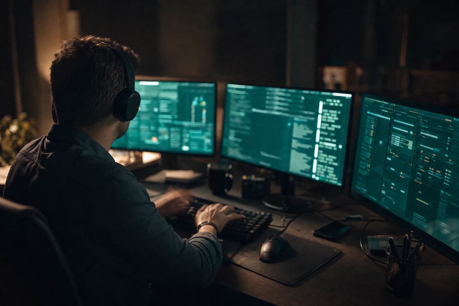 A recruiter typing fast at a desk of three glowing monitors in a dark office