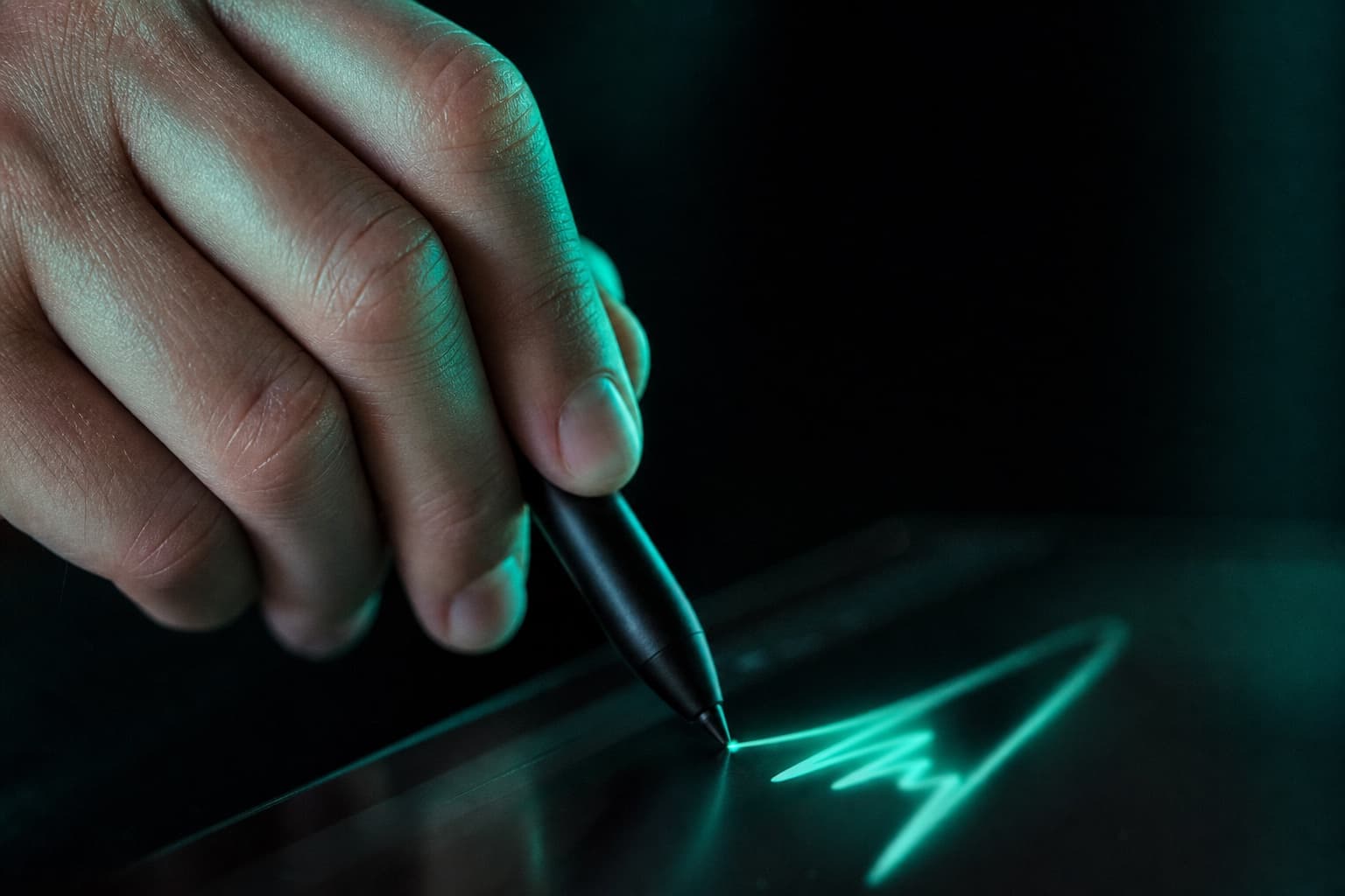 A hand signing on a dark glass tablet, the ink stroke glowing teal