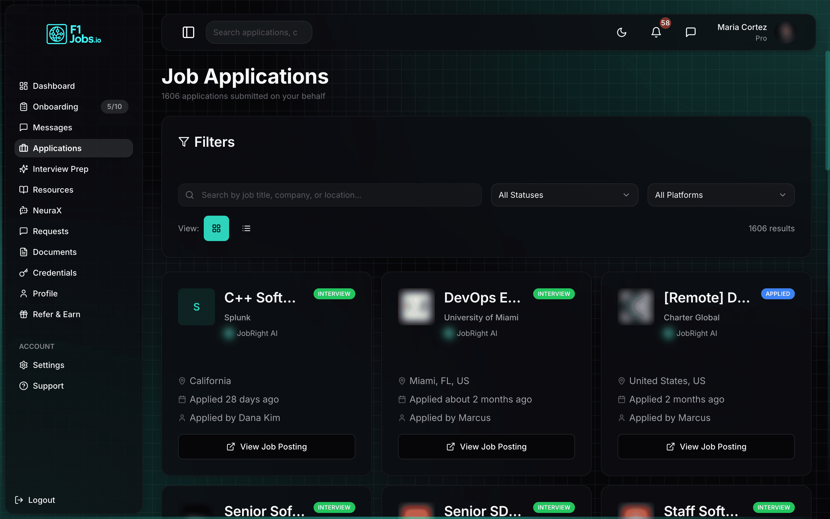 Live candidate portal showing 1,606 job applications submitted on the candidate's behalf
